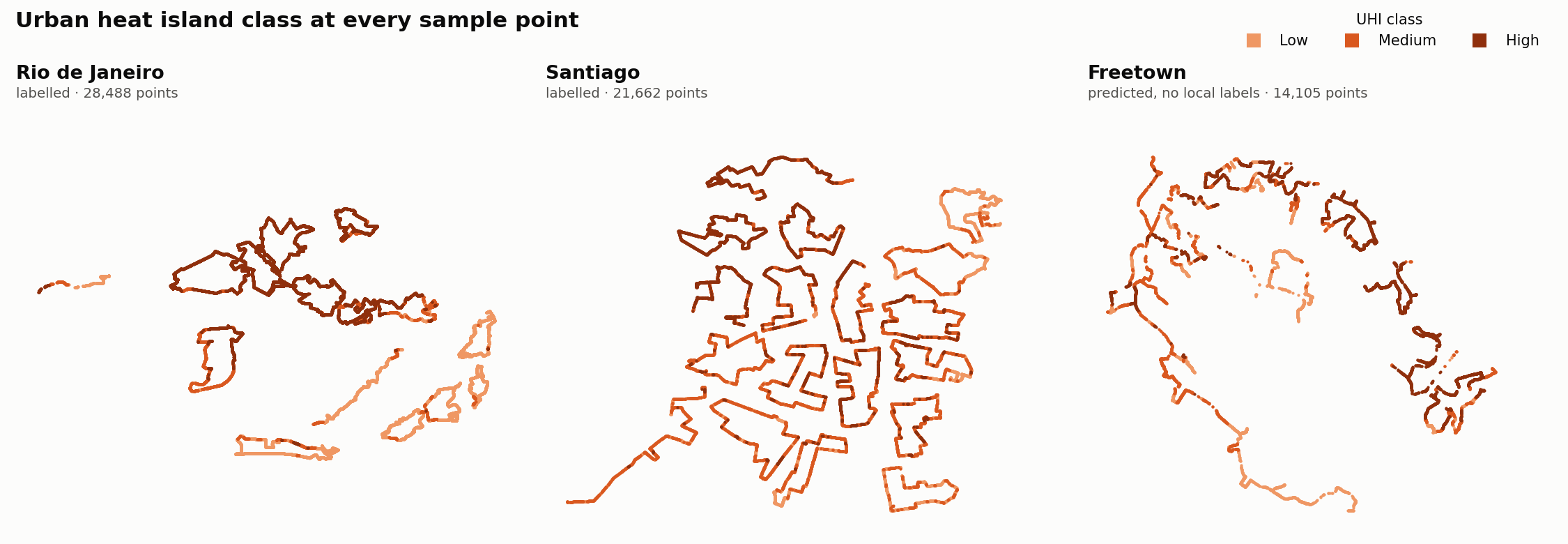 Predicted heat-island class at every sample point in Rio, Santiago and Freetown